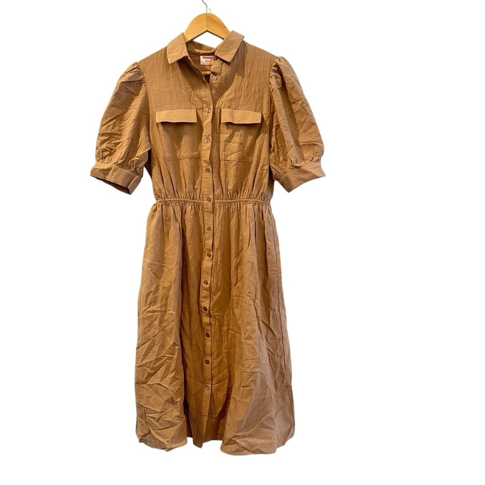 Showpo Beige Button-Down Midi Dress Puff Sleeve Safari Utility Shirt Dress Sz 6 - Picture 2 of 12